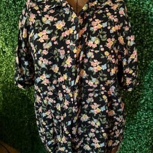 Vintage First Option Floral Blouse Black Button Up Short Sleeve Retro Top Small